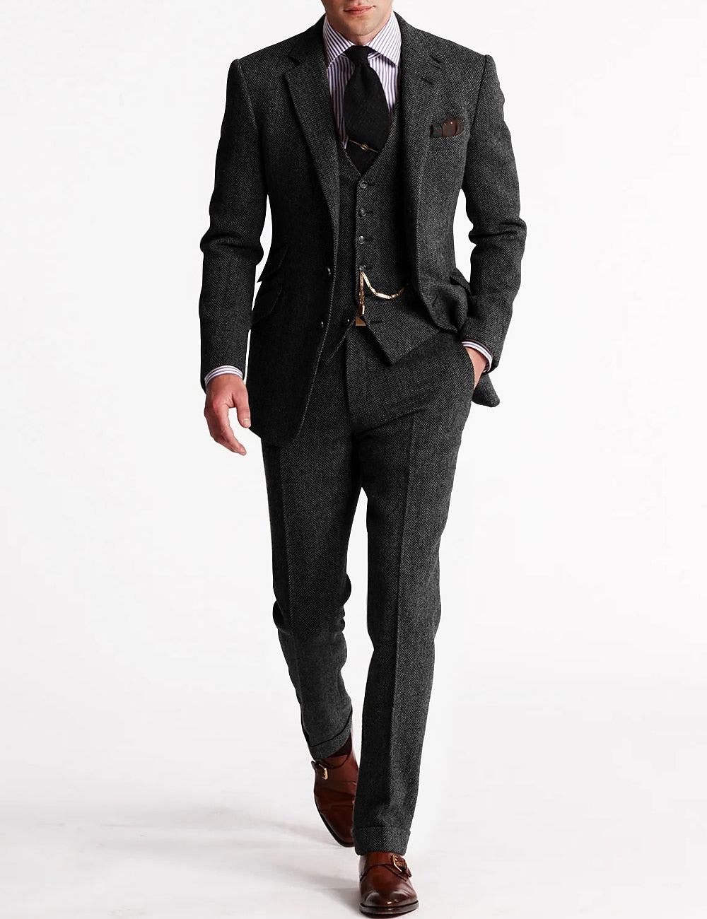 Herren Tweed Anzug Dreiteilig Mit Blazer Weste Hose