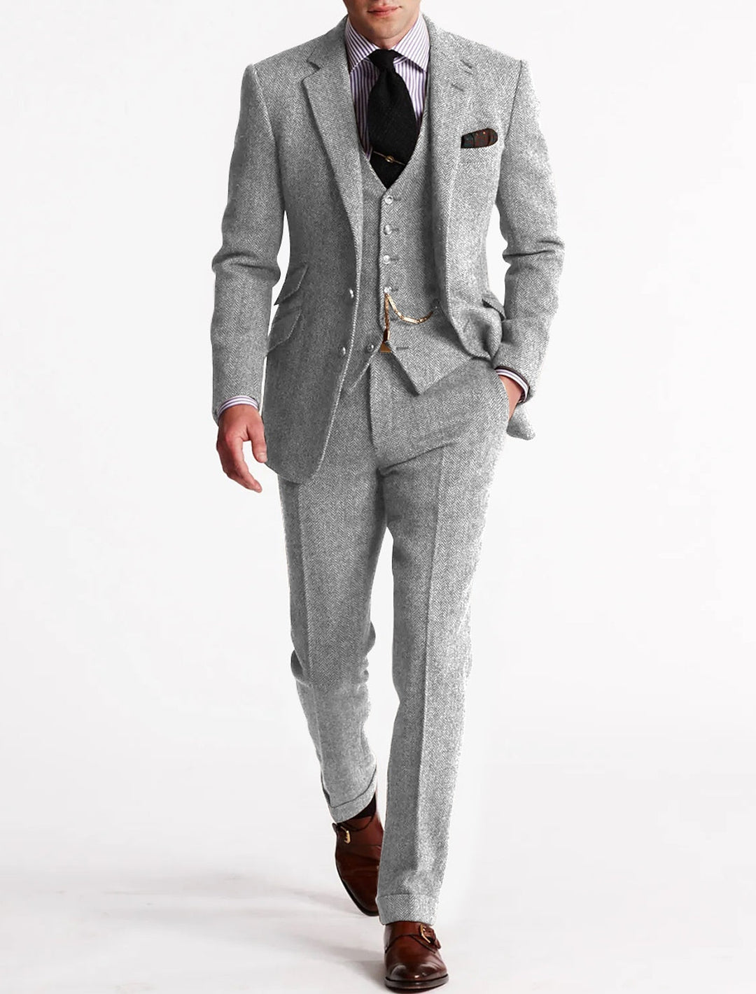 Herren Tweed Anzug Dreiteilig Mit Blazer Weste Hose