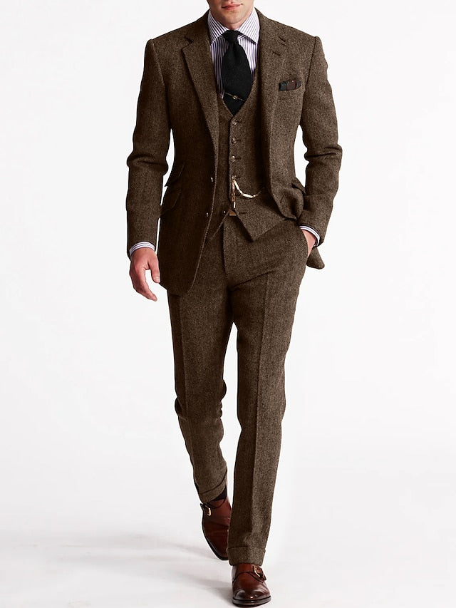 Herren Tweed Anzug Dreiteilig Mit Blazer Weste Hose